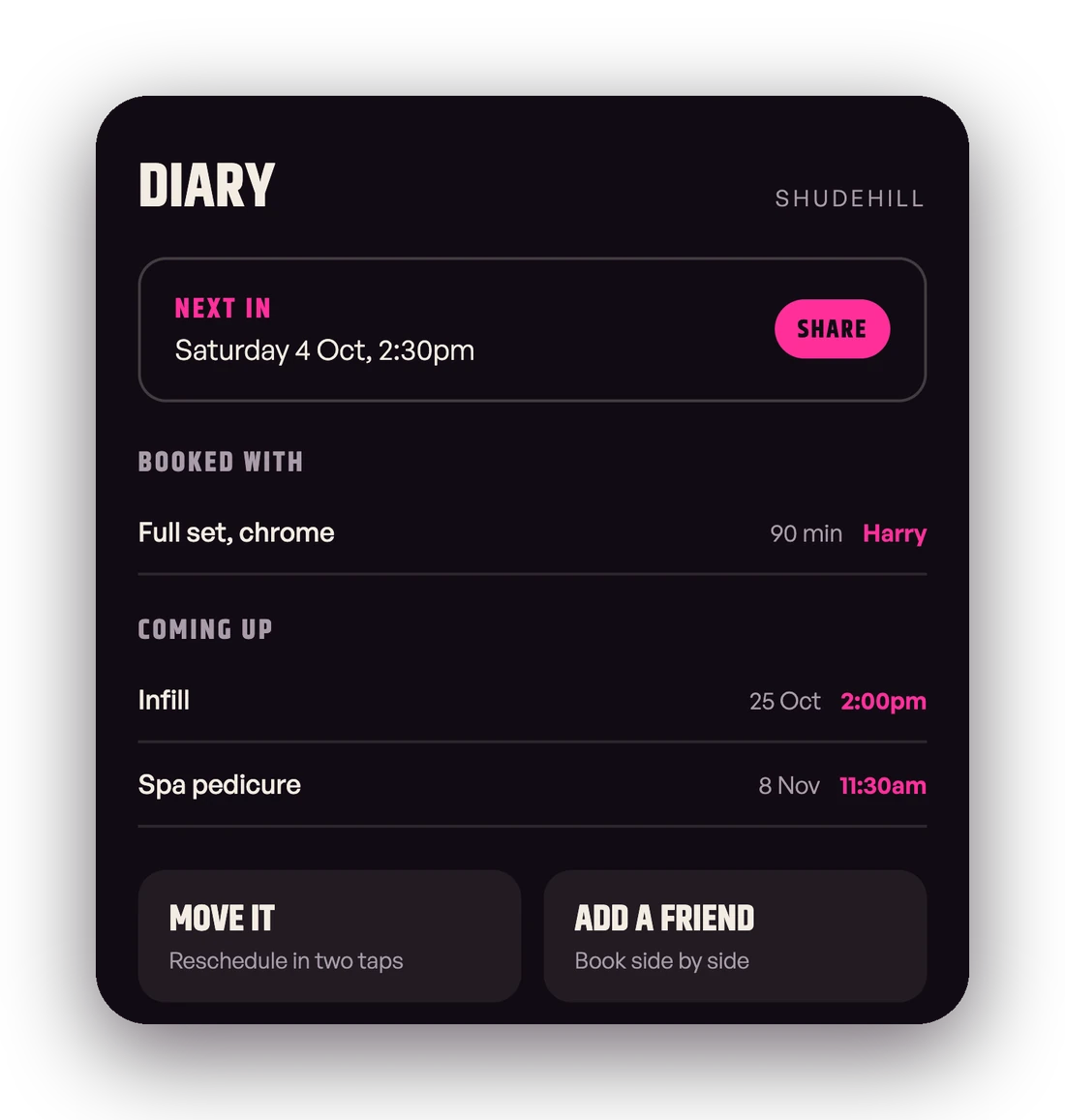 The diary in the M1 app: the next appointment, what is booked and what is coming up