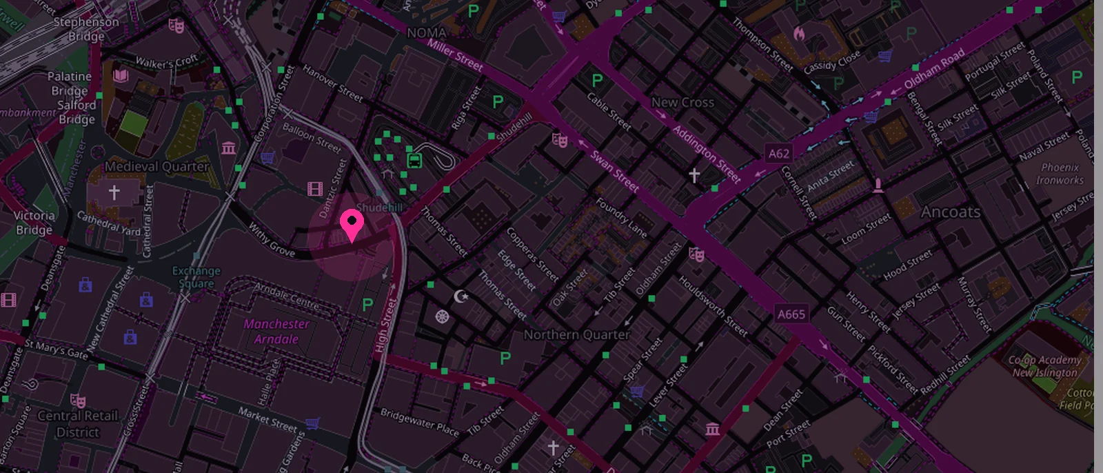 A map of Shudehill with M1 Nails marked